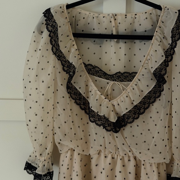 For Love & Lemons Polka Dot Dress with Black Lace Trim - Picture 2 of 4